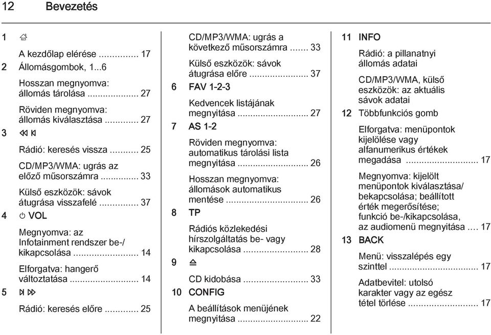 .. 14 5 u Rádió: keresés előre... 25 CD/MP3/WMA: ugrás a következő műsorszámra... 33 Külső eszközök: sávok átugrása előre... 37 6 FAV 1-2-3 Kedvencek listájának megnyitása.