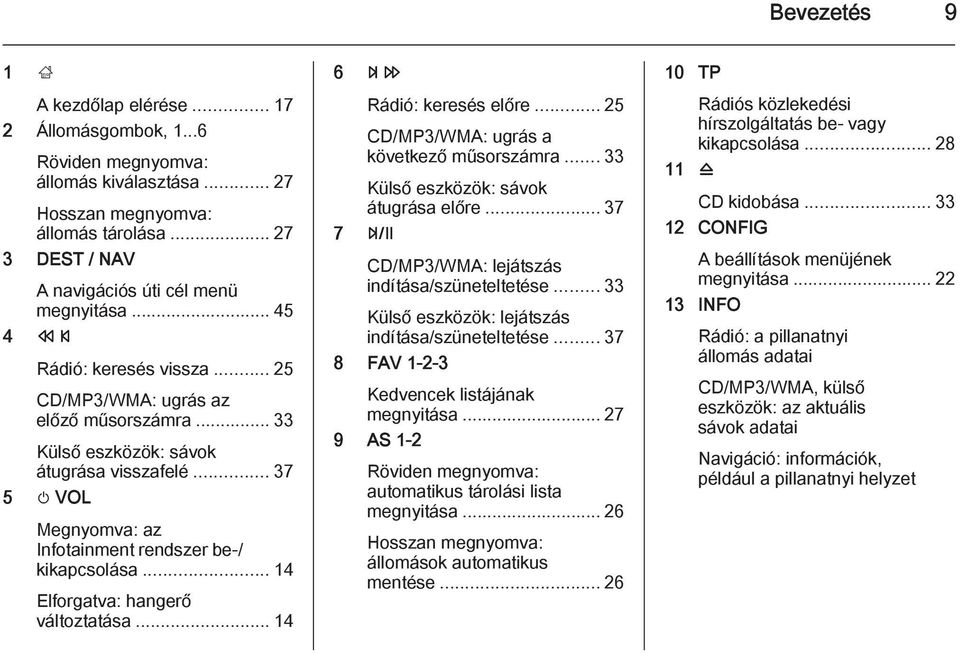 .. 14 Elforgatva: hangerő változtatása... 14 6 u Rádió: keresés előre... 25 CD/MP3/WMA: ugrás a következő műsorszámra... 33 Külső eszközök: sávok átugrása előre.