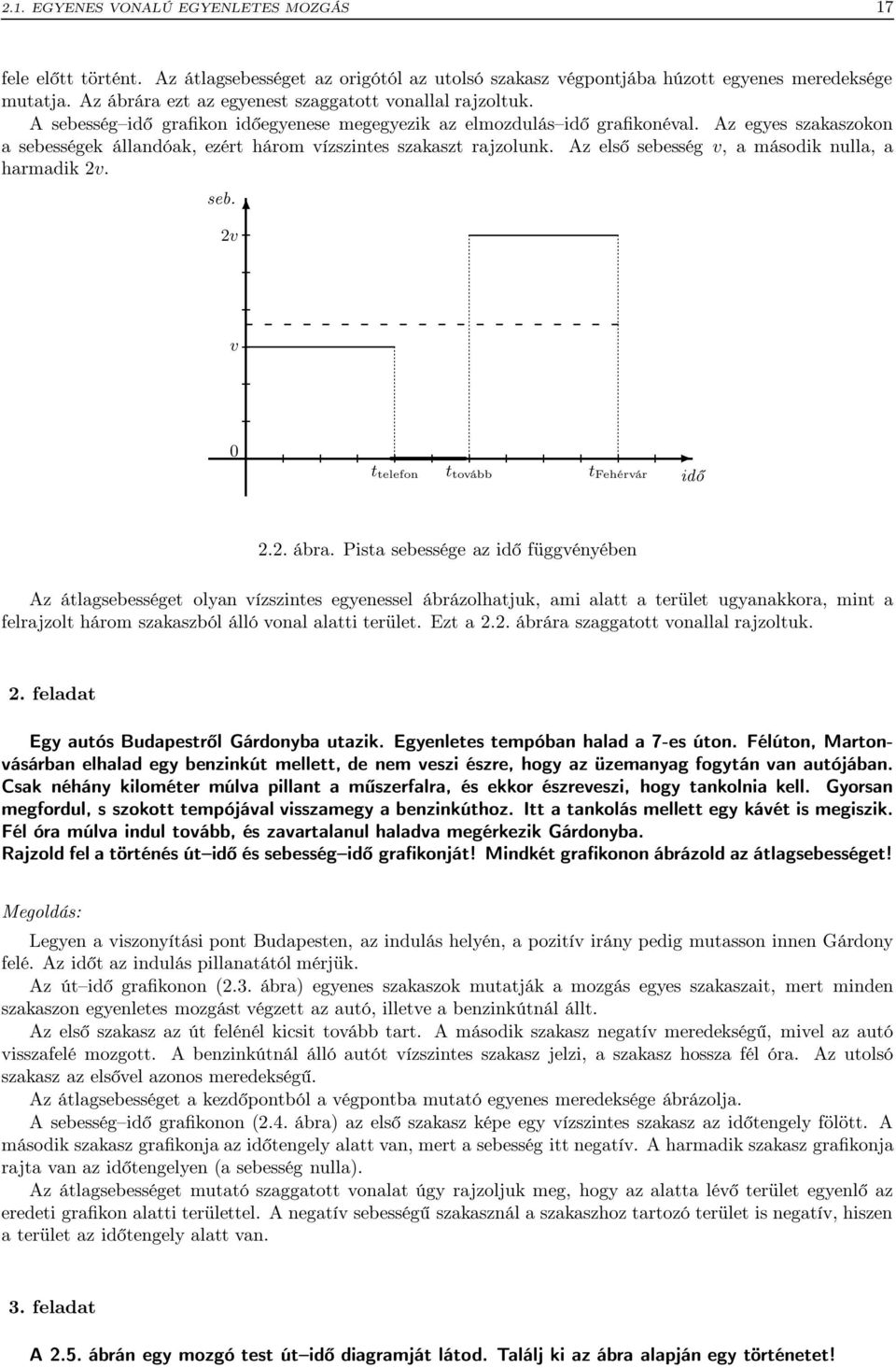 Az egyes szakaszokon a sebességek állandóak, ezért három vízszintes szakaszt rajzolunk. Az első sebesség v, a második nulla, a harmadik v. v v 0 t telefon t tovább t Fehérvár.. ábra.