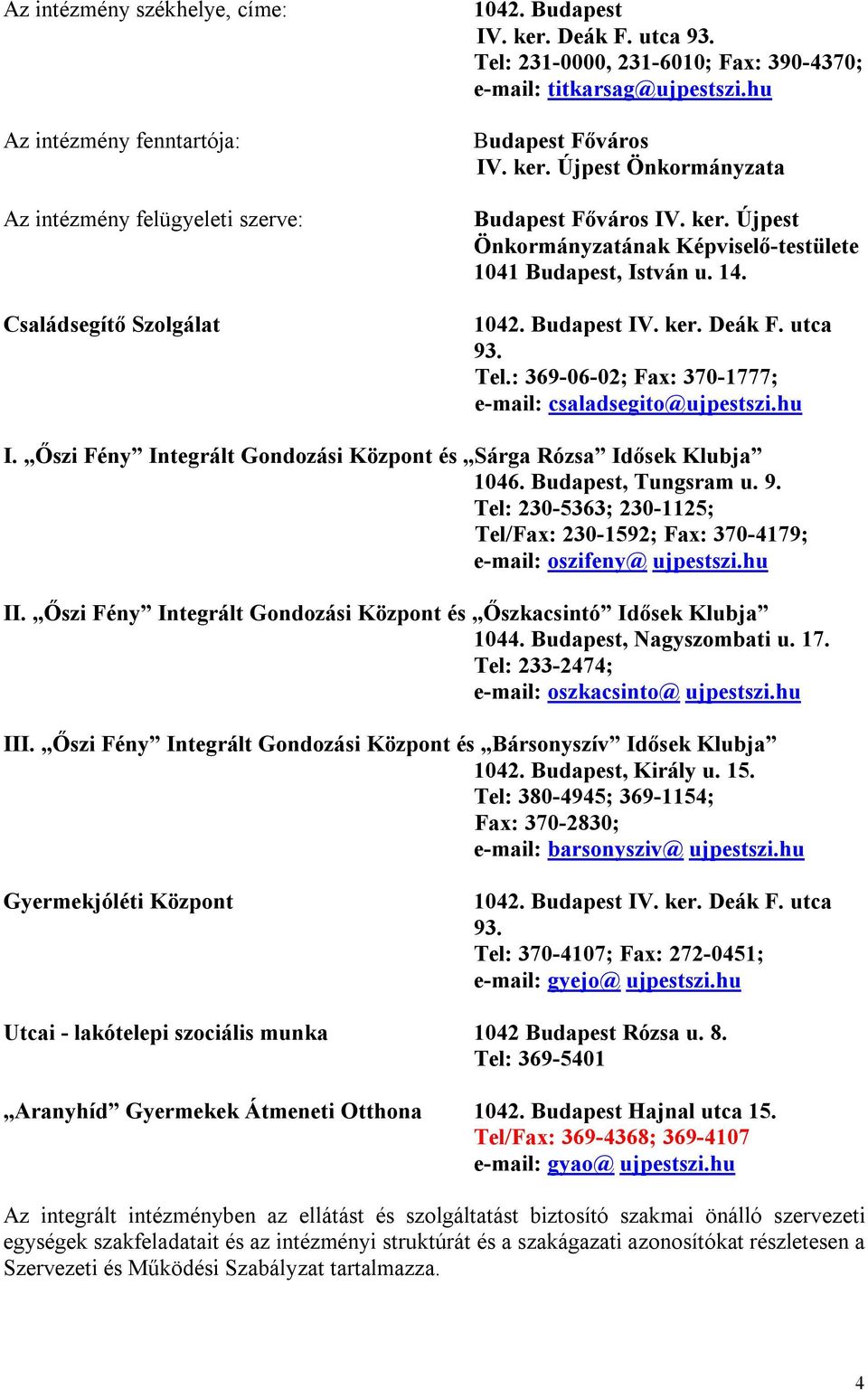 14. 1042. Budapest IV. ker. Deák F. utca 93. Tel.: 369-06-02; Fax: 370-1777; e-mail: csaladsegito@ujpestszi.hu I. Őszi Fény Integrált Gondozási Központ és Sárga Rózsa Idősek Klubja 1046.