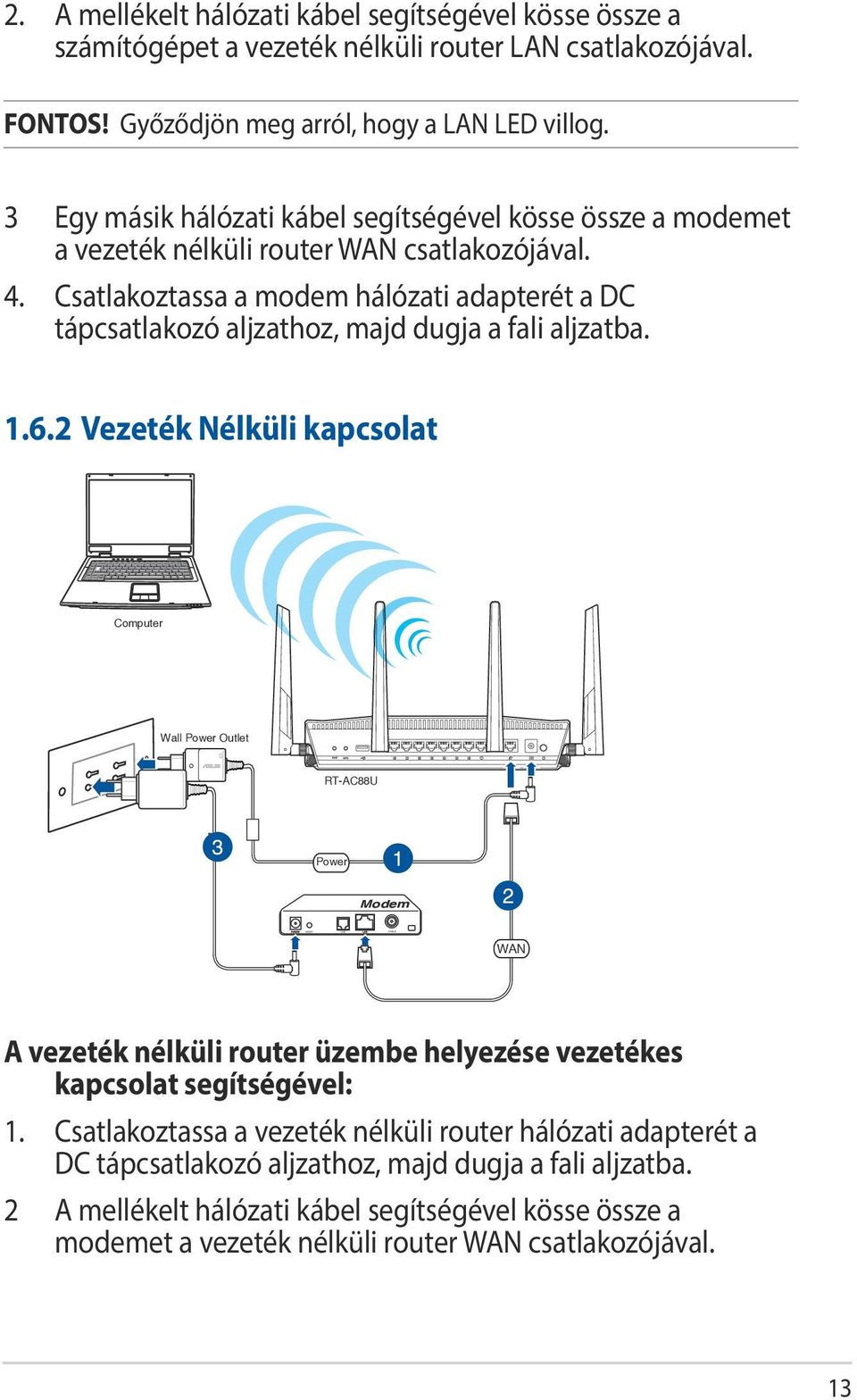 Csatlakoztassa a modem hálózati adapterét a DC tápcsatlakozó aljzathoz, majd dugja a fali aljzatba. 1.6.