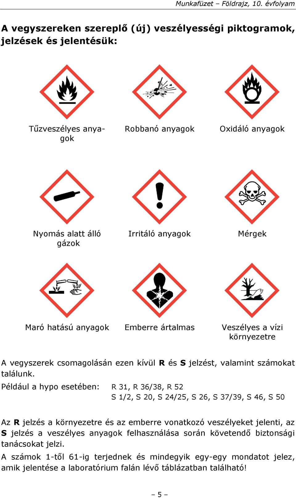 Például a hypo esetében: R 31, R 36/38, R 52 S 1/2, S 20, S 24/25, S 26, S 37/39, S 46, S 50 Az R jelzés a környezetre és az emberre vonatkozó veszélyeket jelenti, az S jelzés a