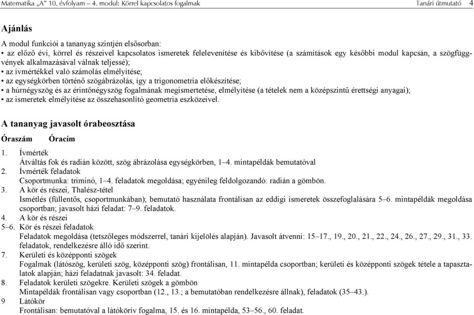 számítások egy későbbi modul kapcsán, a szögfüggvények alkalmazásával válnak teljessé); az ívmértékkel való számolás elmélyítése; az egységkörben történő szögábrázolás, így a trigonometria