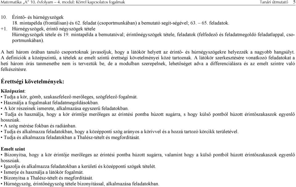 mintapélda a bemutatóval; érintőnégyszögek tétele, feladatok (felfedező és feladatmegoldó feladatlappal, csoportmunkában).