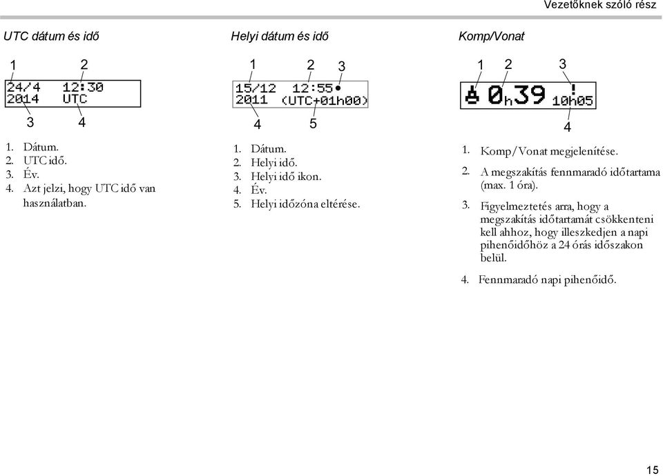1. Komp/Vonat megjelenítése. 2. A megszakítás fennmaradó időtartama (max. 1 óra). 3.