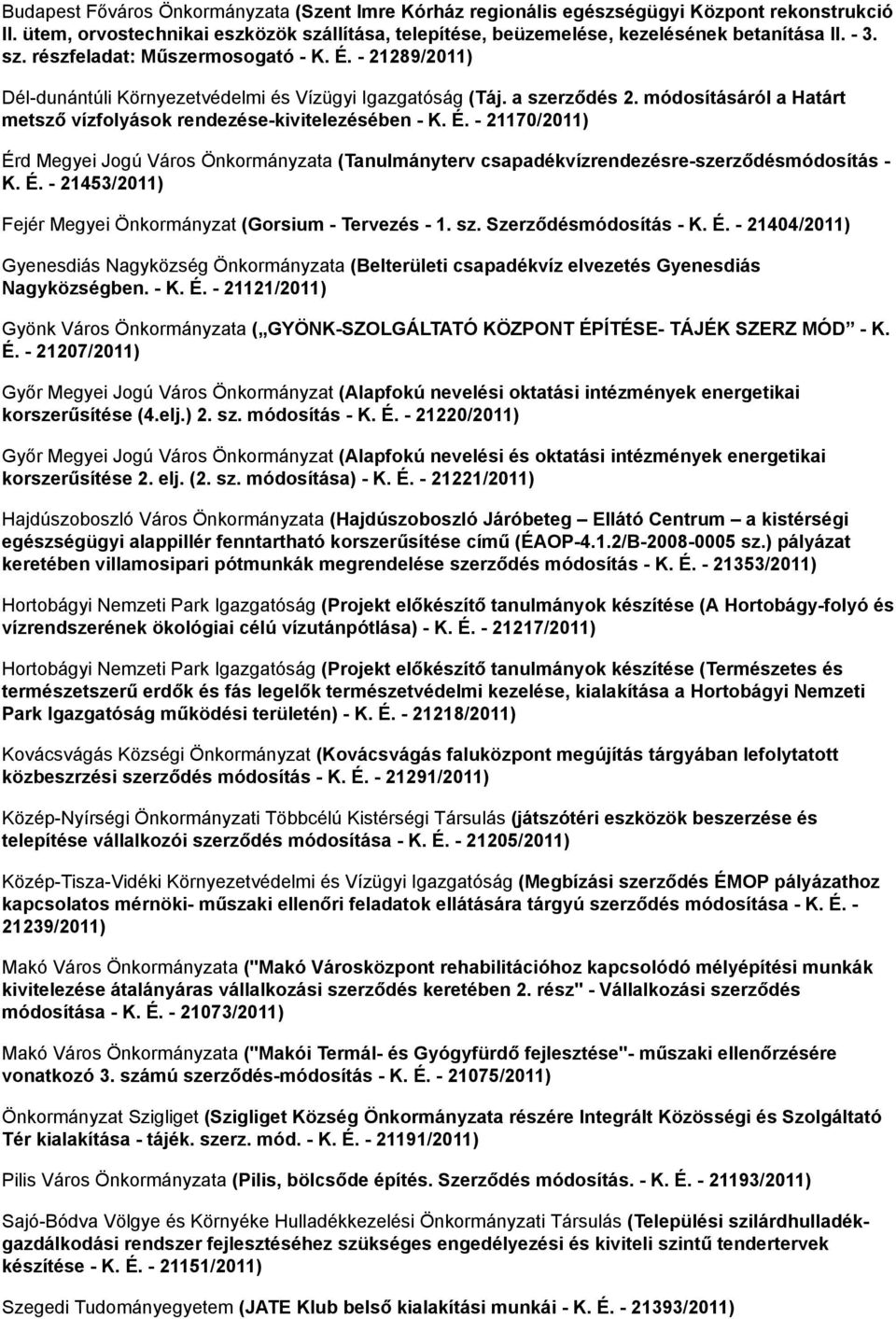 módosításáról a Határt metsző vízfolyások rendezése-kivitelezésében - K. É. - 21170/2011) Érd Megyei Jogú Város Önkormányzata (Tanulmányterv csapadékvízrendezésre-szerződésmódosítás - K. É. - 21453/2011) Fejér Megyei Önkormányzat (Gorsium - Tervezés - 1.