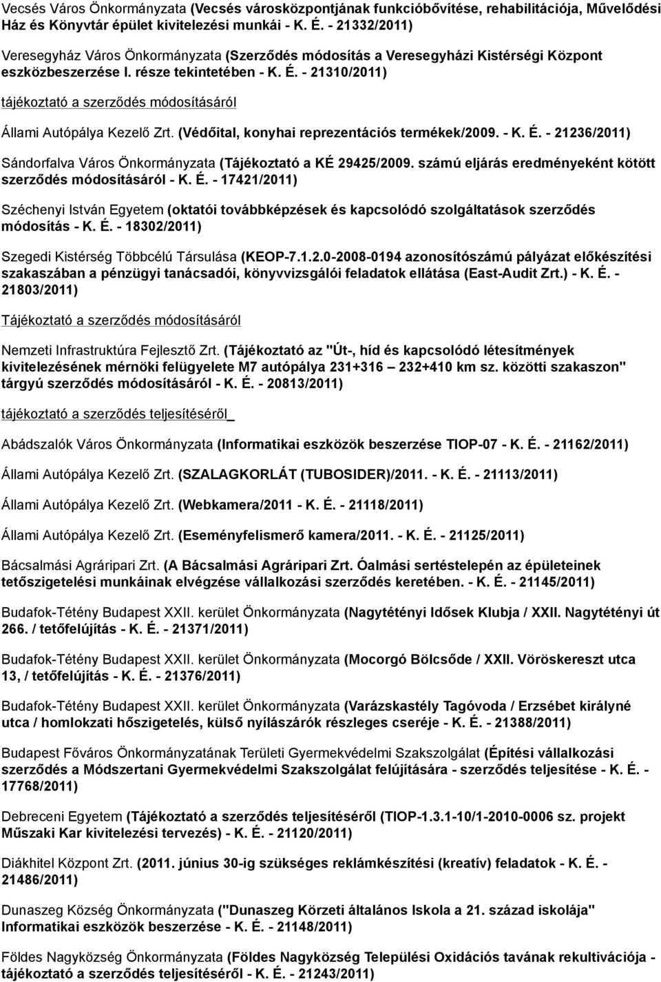 - 21310/2011) tájékoztató a szerződés módosításáról Állami Autópálya Kezelő Zrt. (Védőital, konyhai reprezentációs termékek/2009. - K. É.