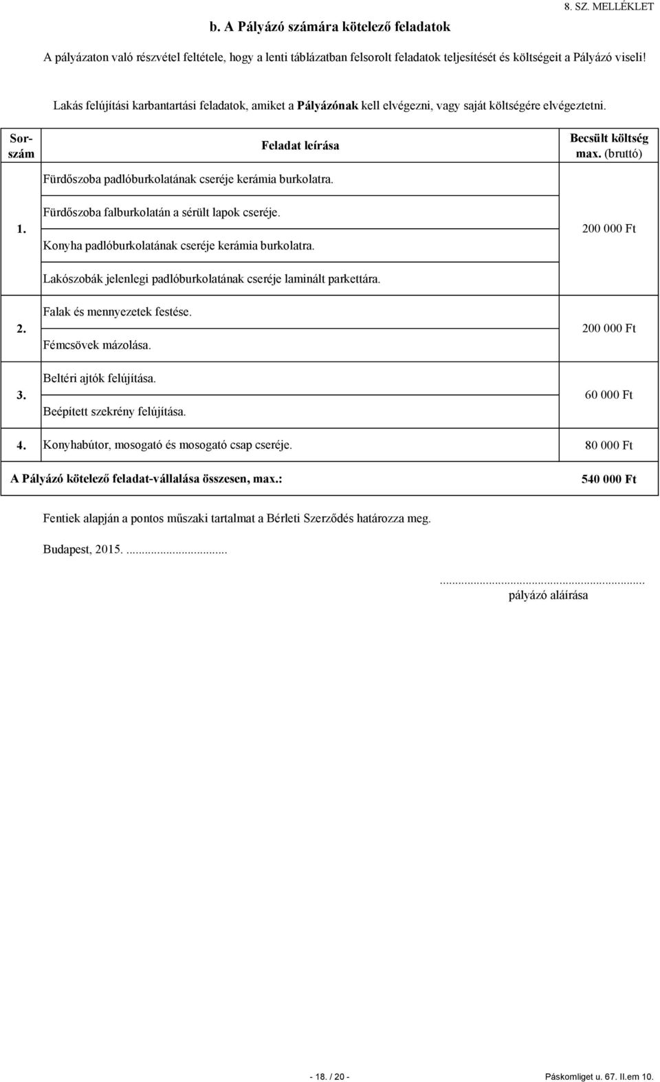 Fürdőszoba falburkolatán a sérült lapok cseréje. Konyha padlóburkolatának cseréje kerámia burkolatra. 200 000 Ft Lakószobák jelenlegi padlóburkolatának cseréje laminált parkettára. 2. Falak és mennyezetek festése.