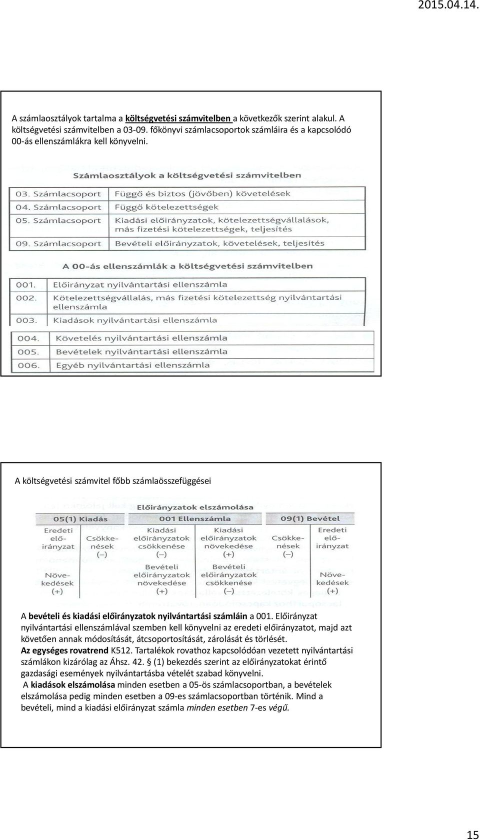 A költségvetési számvitel főbb számlaösszefüggései A bevételi és kiadási előirányzatok nyilvántartási számláin a 001.