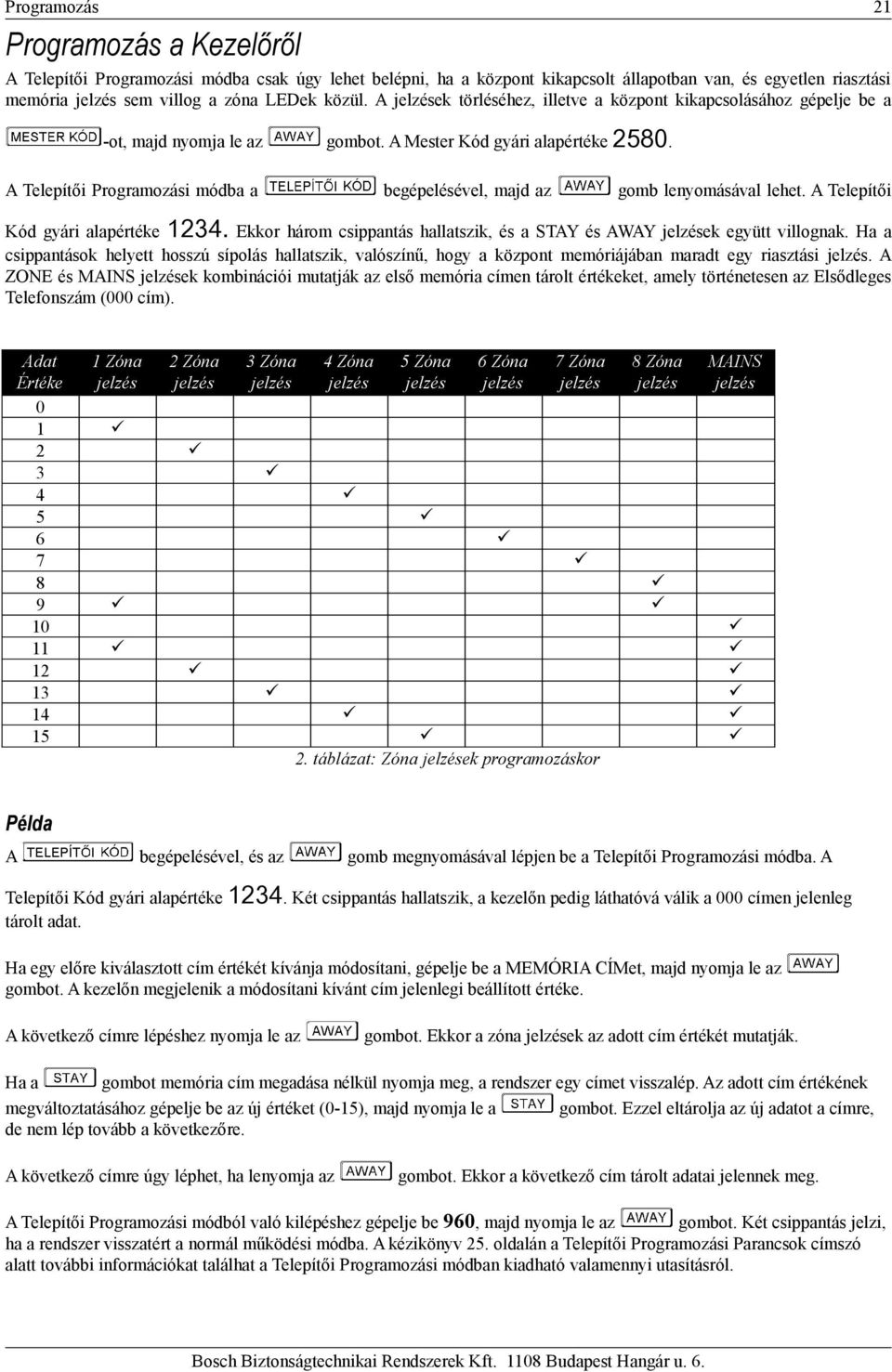 A Telepítői Programozási módba a begépelésével, majd az gomb lenyomásával lehet. A Telepítői Kód gyári alapértéke 1234. Ekkor három csippantás hallatszik, és a STAY és AWAY jelzések együtt villognak.