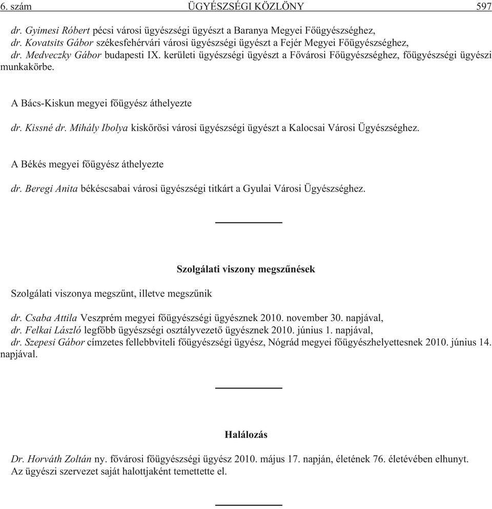 kerületi ügyészségi ügyészt a Fõvárosi Fõügyészséghez, fõügyészségi ügyészi munkakörbe. A Bács-Kiskun megyei fõügyész áthelyezte dr. Kissné dr.