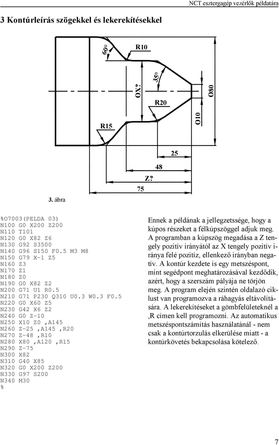 5 N220 G0 X60 Z5 N230 G42 X6 Z2 N240 G0 Z-10 N250 X10 Z0,A145 N260 Z-25,A145,R20 N270 Z-48,R10 N280 X80,A120,R15 N290 Z-75 N300 X82 N310 G40 X85 N320 G0 X200 Z200 N330 G97 S200 N340 M30 Ennek a