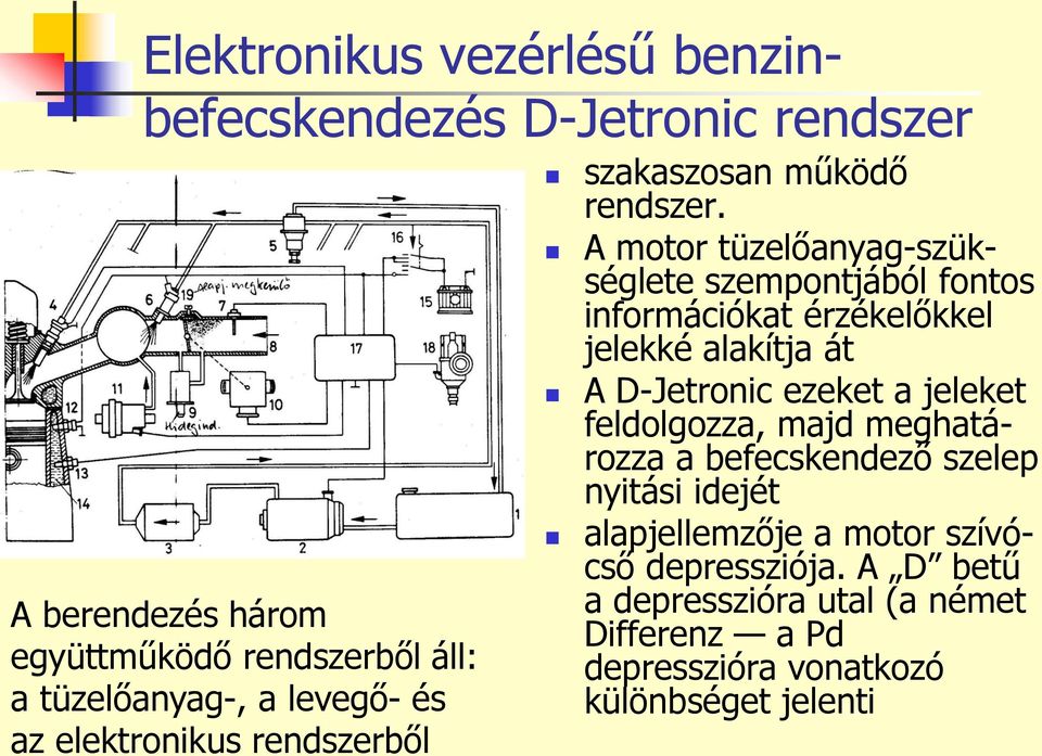 A motor tüzelőanyag-szükséglete szempontjából fontos információkat érzékelőkkel jelekké alakítja át A D-Jetronic ezeket a jeleket