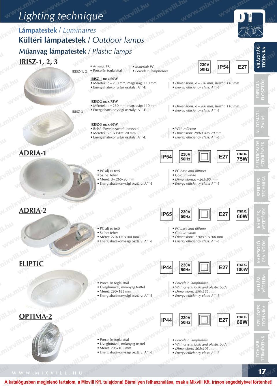 60w Belső fényvisszaverő lemezzel Méretek: 280x150x120 mm Energiahatékonysági osztály: E Dimensions: d=230 mm; height: 110 mm Energy efficiency class: E Dimensions: d=280 mm; height: 110 mm Energy