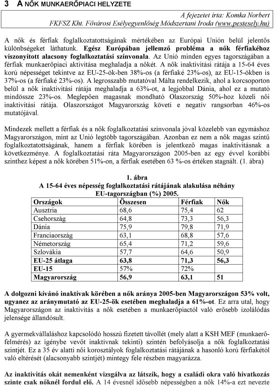 Egész Európában jellemző probléma a nők férfiakéhoz viszonyított alacsony foglalkoztatási színvonala. Az Unió minden egyes tagországában a férfiak munkaerőpiaci aktivitása meghaladja a nőkét.