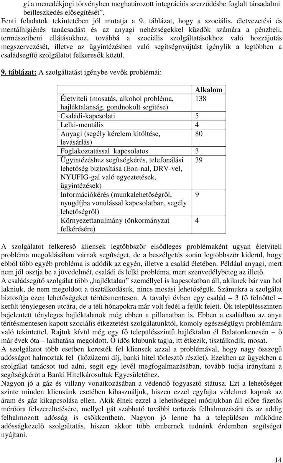 hozzájutás megszervezését, illetve az ügyintézésben való segítségnyújtást igénylik a legtöbben a családsegítő szolgálatot felkeresők közül. 9.