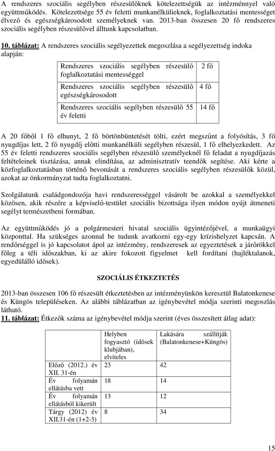 2013-ban összesen 20 fő rendszeres szociális segélyben részesülővel álltunk kapcsolatban. 10.