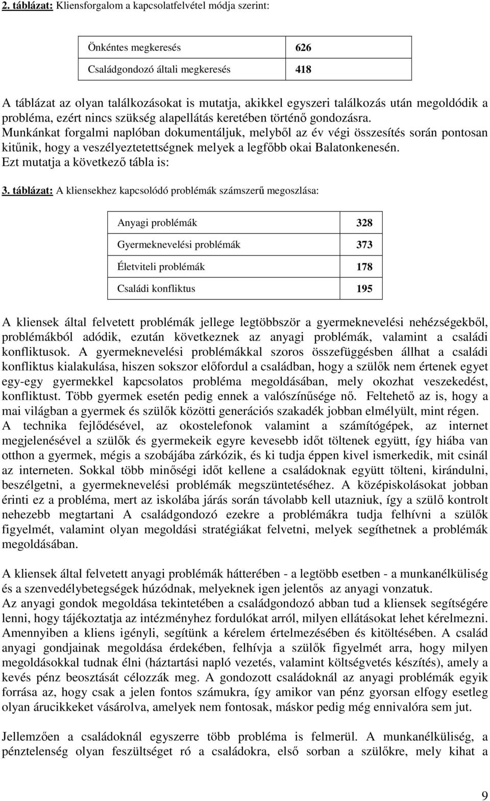 Munkánkat forgalmi naplóban dokumentáljuk, melyből az év végi összesítés során pontosan kitűnik, hogy a veszélyeztetettségnek melyek a legfőbb okai Balatonkenesén. Ezt mutatja a következő tábla is: 3.