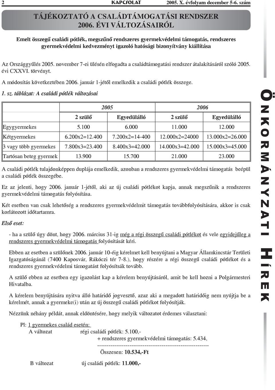 november 7-ei ülésén elfogadta a családtámogatási rendszer átalakításáról szóló 2005. évi CXXVI. törvényt. A módosítás következtében 2006. január 1-jétől emelkedik a családi pótlék összege. 1. sz. táblázat: A családi pótlék változásai 2005 2006 2 szülő Egyedülálló 2 szülő Egyedülálló Egygyermekes 5.