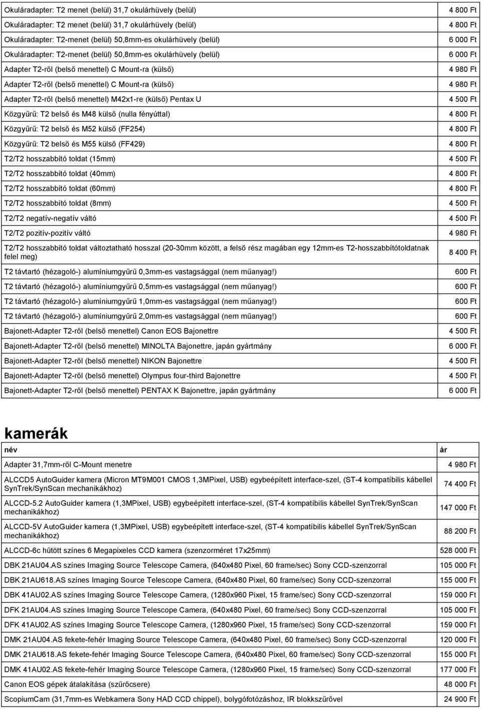 T2 belső és M48 külső (nulla fényúttal) Közgyűrű: T2 belső és M52 külső (FF254) Közgyűrű: T2 belső és M55 külső (FF429) T2/T2 hosszabbító toldat (15mm) T2/T2 hosszabbító toldat (40mm) T2/T2