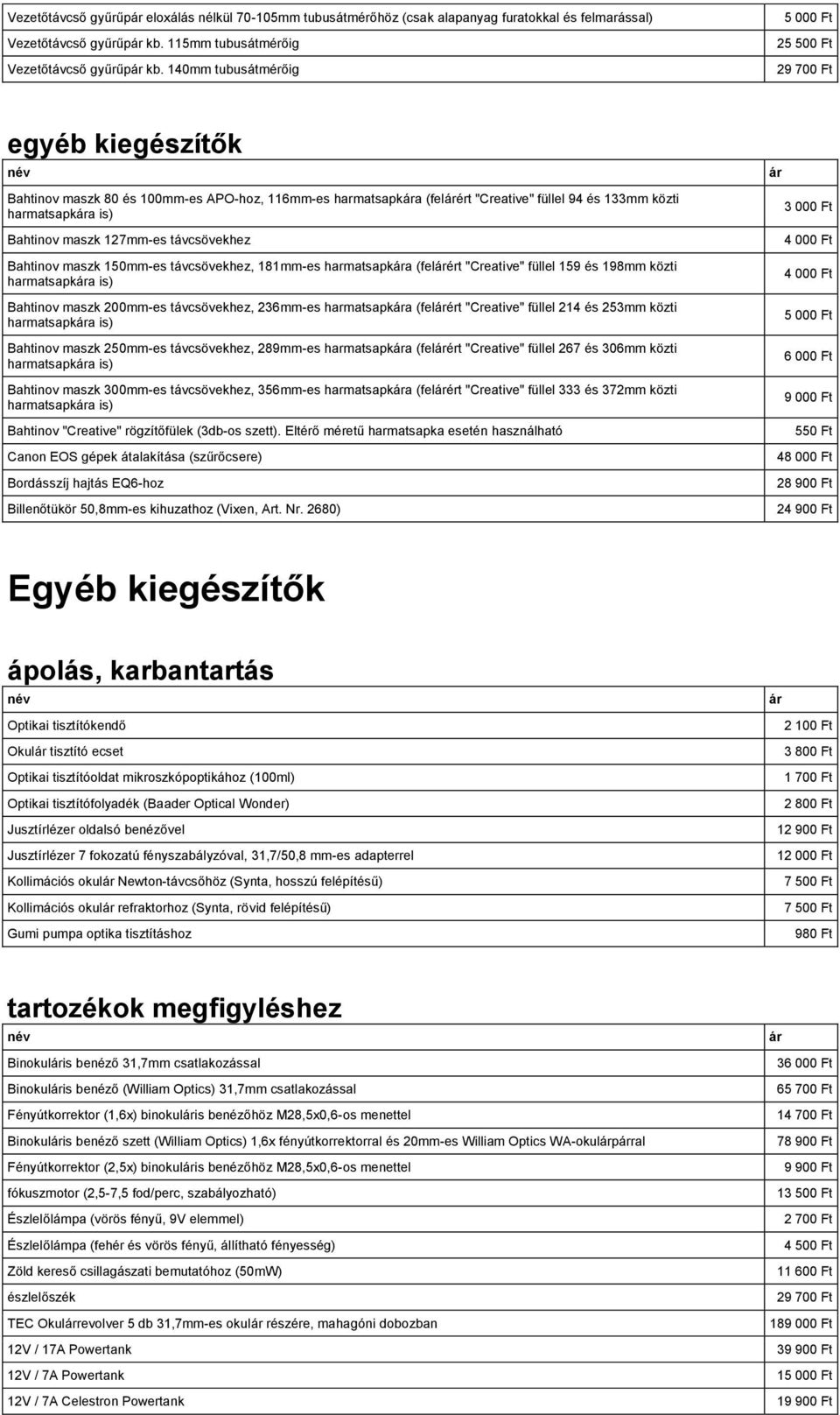 maszk 127mm-es távcsövekhez Bahtinov maszk 150mm-es távcsövekhez, 181mm-es harmatsapka (felért "Creative" füllel 159 és 198mm közti harmatsapka is) Bahtinov maszk 200mm-es távcsövekhez, 236mm-es