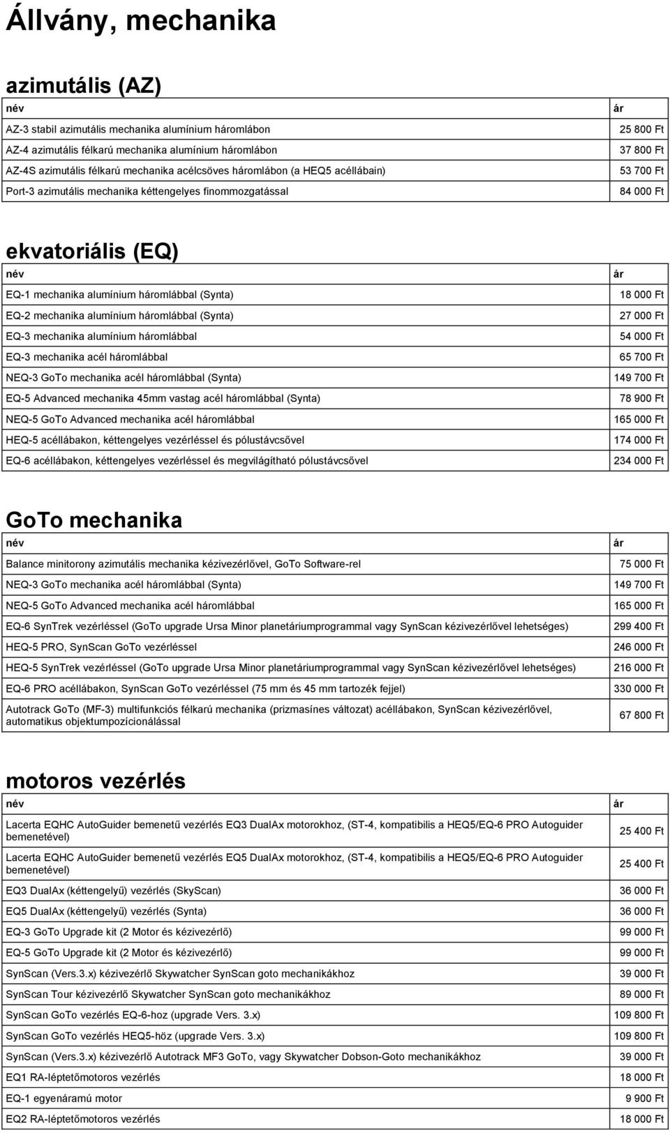 alumínium homlábbal (Synta) EQ-3 mechanika alumínium homlábbal EQ-3 mechanika acél homlábbal NEQ-3 GoTo mechanika acél homlábbal (Synta) EQ-5 Advanced mechanika 45mm vastag acél homlábbal (Synta)