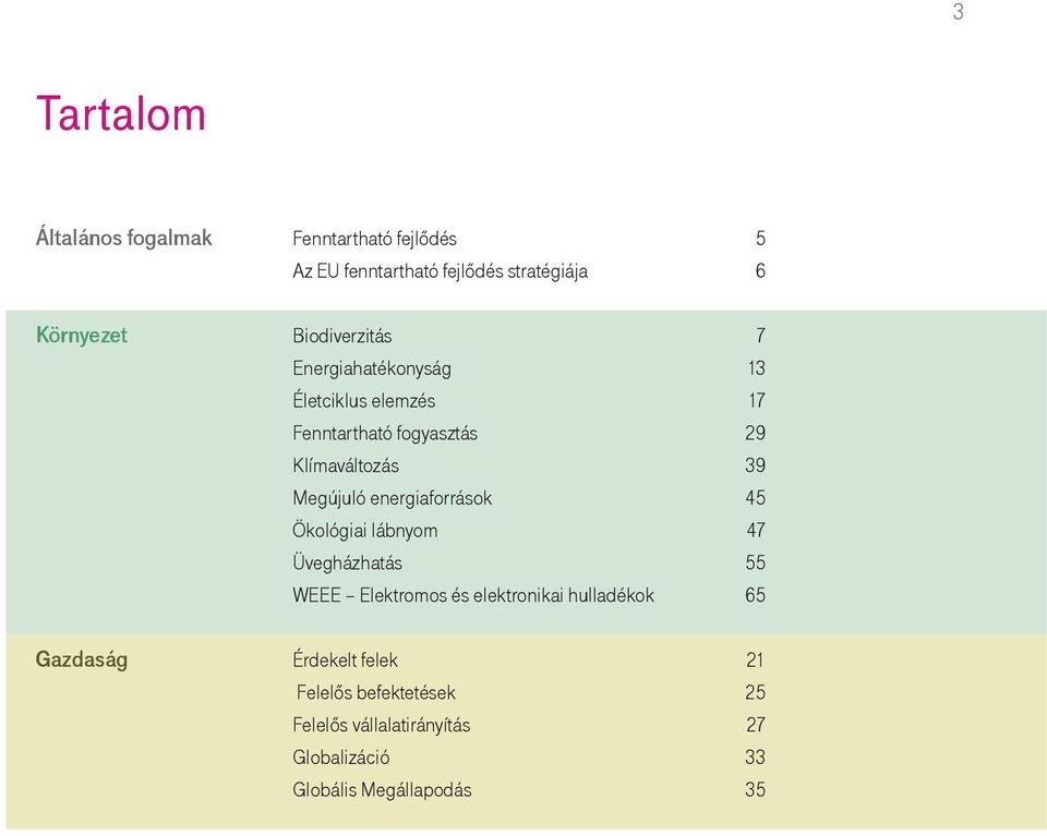 Megújuló energiaforrások 45 Ökológiai lábnyom 47 Üvegházhatás 55 WEEE Elektromos és elektronikai hulladékok 65