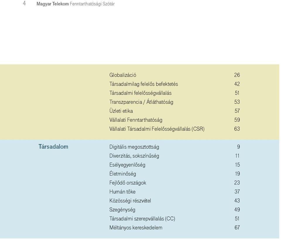 Felelősségvállalás (CSR) 63 Társadalom Digitális megosztottság 9 Diverzitás, sokszínûség 11 Esélyegyenlőség 15