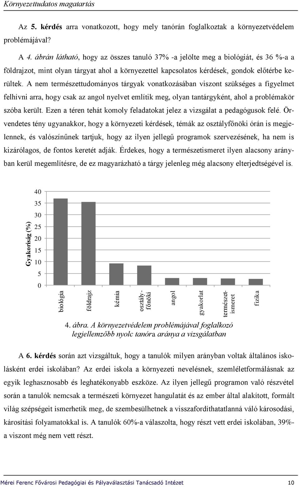 ábrán látható, hogy az összes tanuló 37% -a jelölte meg a biológiát, és 36 %-a a földrajzot, mint olyan tárgyat ahol a környezettel kapcsolatos kérdések, gondok előtérbe kerültek.