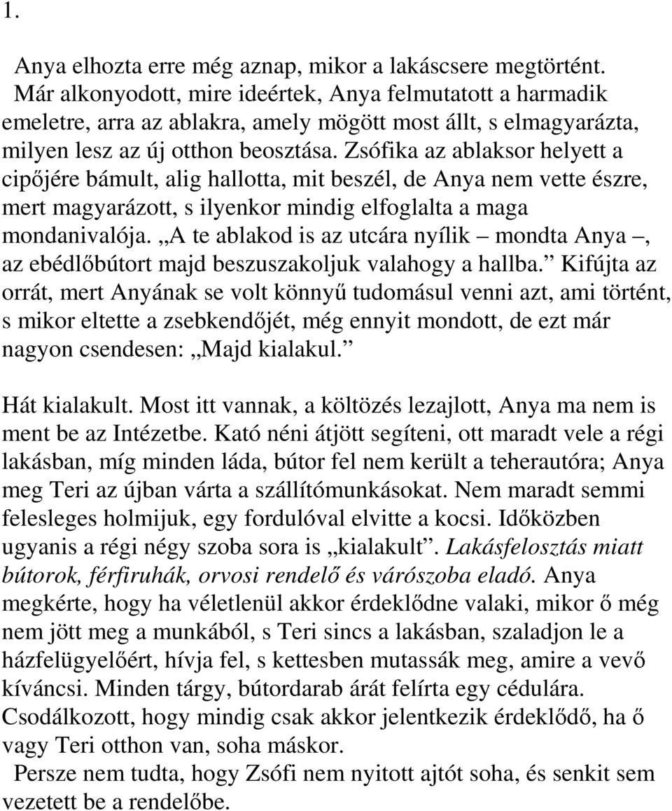 Zsófika az ablaksor helyett a cipıjére bámult, alig hallotta, mit beszél, de Anya nem vette észre, mert magyarázott, s ilyenkor mindig elfoglalta a maga mondanivalója.