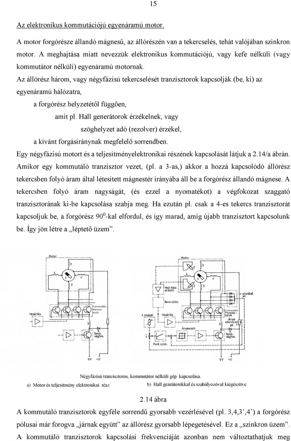 Az állórész három, vagy négyfázisú tekercselését tranzisztorok kapcsolják (be, ki) az egyenáramú hálózatra, a forgórész helyzetétől függően, amit pl.