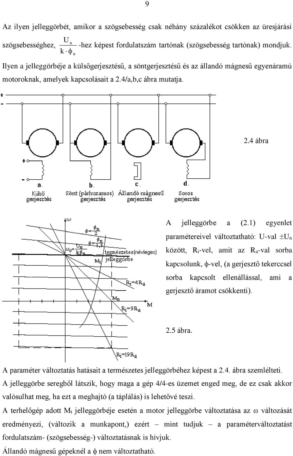 1) egyenlet paramétereivel változtatható: U-val Un között, Ri-vel, amit az Ra-val sorba kapcsolunk, -vel, (a gerjesztő tekerccsel sorba kapcsolt ellenállással, ami a gerjesztő áramot csökkenti). 2.