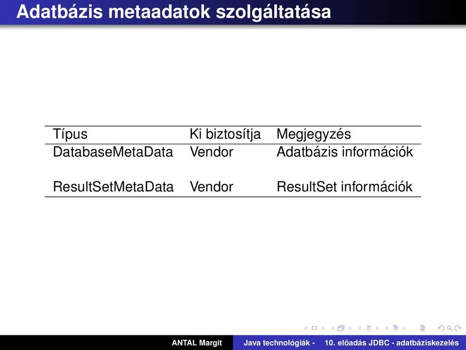 DatabaseMetaData Vendor Adatbázis