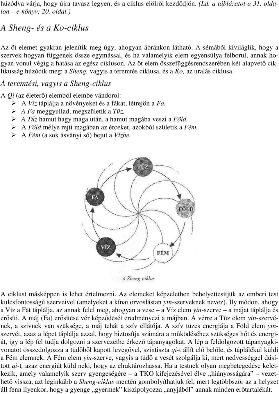 Az öt elem összefüggésrendszerében két alapvető ciklikusság húzódik meg: a Sheng, vagyis a teremtés ciklusa, és a Ko, az uralás ciklusa.