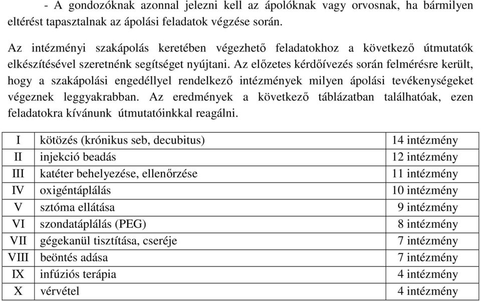 Az előzetes kérdőívezés során felmérésre került, hogy a szakápolási engedéllyel rendelkező intézmények milyen ápolási tevékenységeket végeznek leggyakrabban.