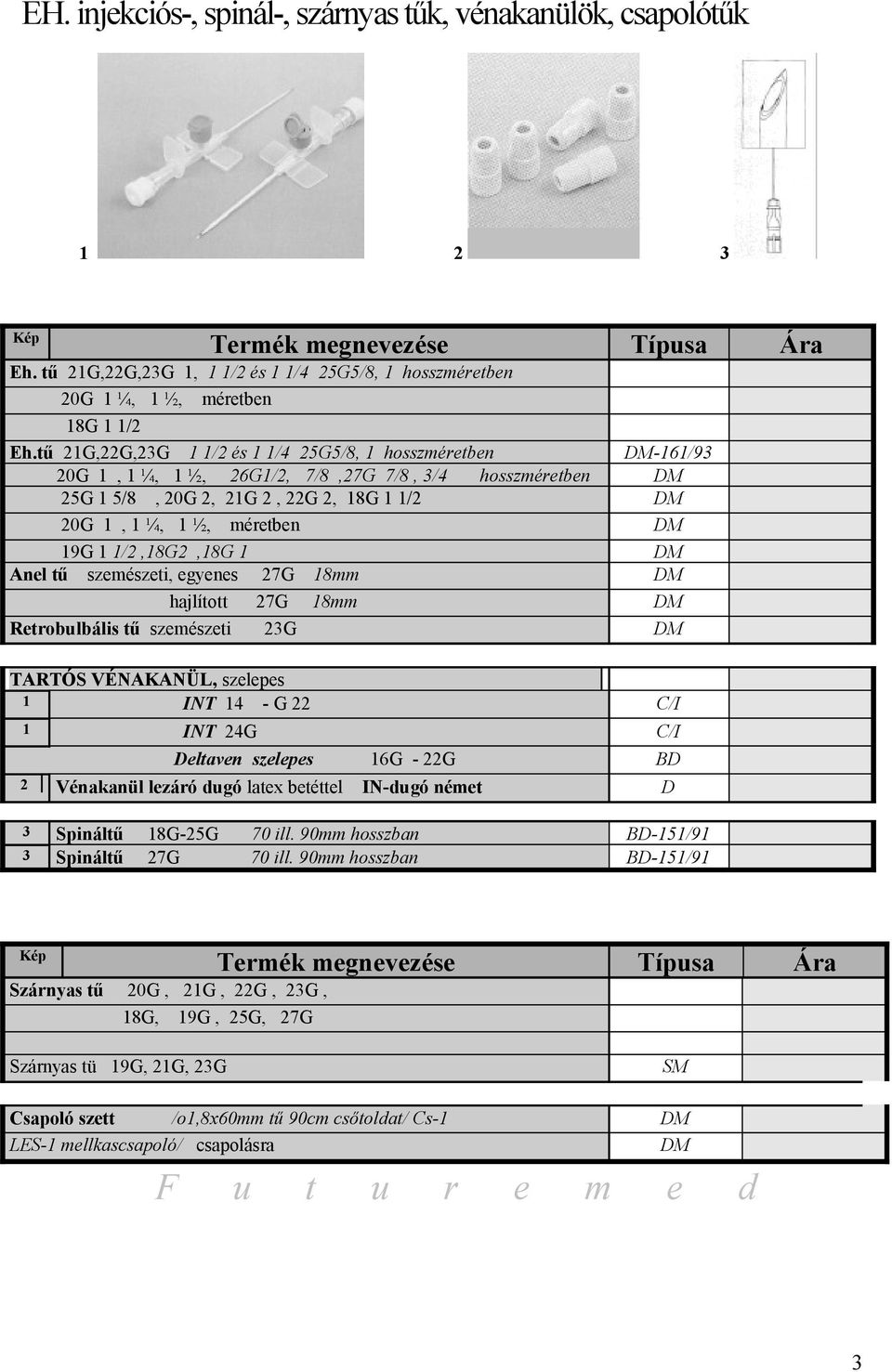 19G 1 1/2,18G2,18G 1 DM Anel tű szemészeti, egyenes 27G 18mm DM hajlított 27G 18mm DM Retrobulbális tű szemészeti 23G DM TARTÓS VÉNAKANÜL, szelepes 1 INT 14 - G 22 C/I 1 INT 24G C/I Deltaven szelepes