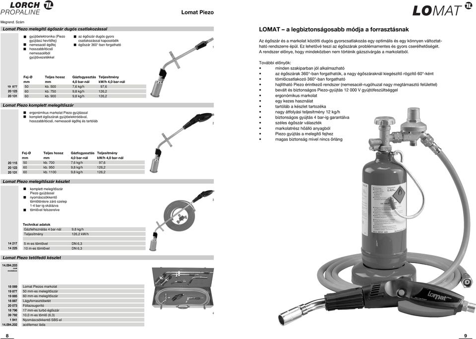 900 9,8 kg/h 6, Lomat Piezo komplett melegítôszár ergonómikus markolat Piezo gyújtással komplett égôszárak gyújtóelektródával, hosszabbítócsô, nemesacél égôfej és tartóláb LOMAT a legbiztonságosabb