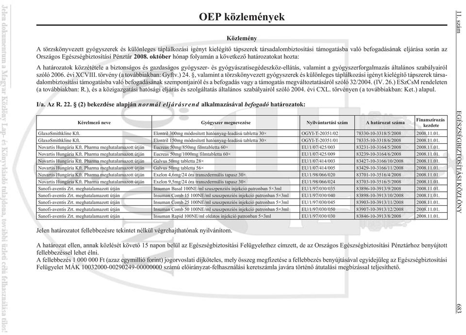 október hónap folyamán a következõ határozatokat hozta: A határozatok közzététele a biztonságos és gazdaságos gyógyszer- és gyógyászatisegédeszköz-ellátás, valamint a gyógyszerforgalmazás általános