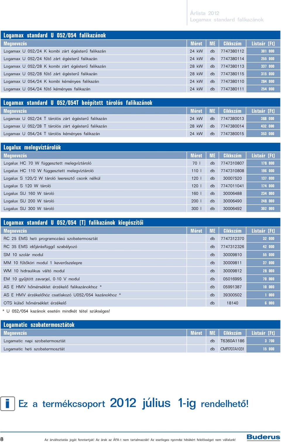 kéményes falikazán 24 kw db 7747380110 284 000 Logamax U 054/24 fűtő kéményes falikazán 24 kw db 7747380111 254 000 Logamax standard U 052/054T beépített tárolós falikazánok Logamax U 052/24 T