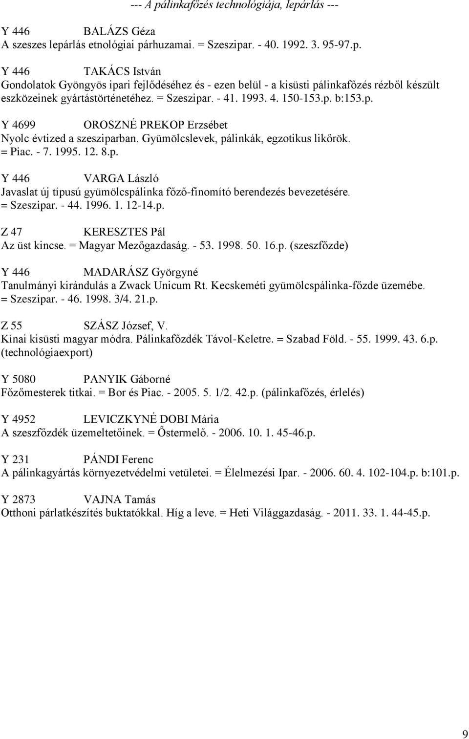 = Szeszipar. - 44. 1996. 1. 12-14.p. Z 47 KERESZTES Pál Az üst kincse. = Magyar Mezőgazdaság. - 53. 1998. 50. 16.p. (szeszfőzde) Y 446 MADARÁSZ Györgyné Tanulmányi kirándulás a Zwack Unicum Rt.