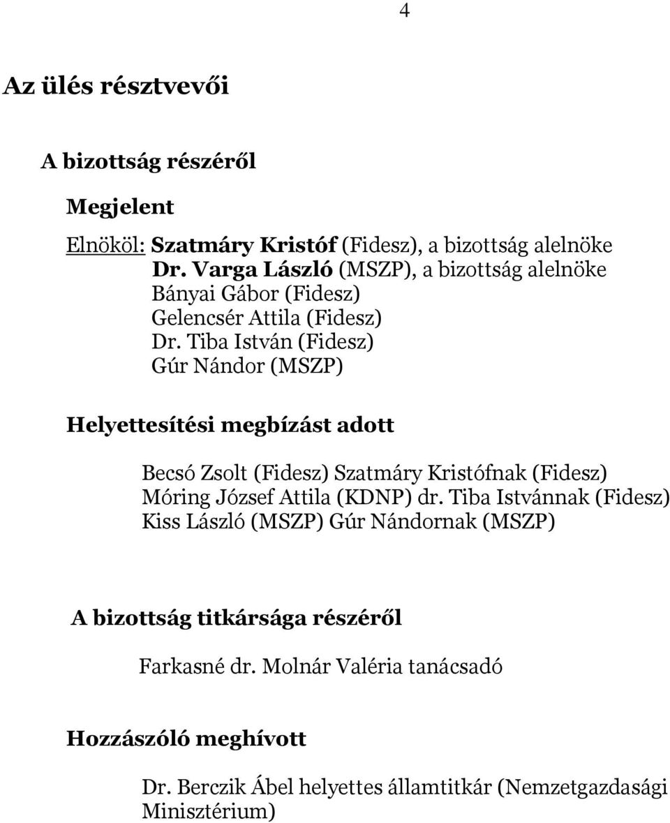 Tiba István (Fidesz) Gúr Nándor (MSZP) Helyettesítési megbízást adott Becsó Zsolt (Fidesz) Szatmáry Kristófnak (Fidesz) Móring József Attila