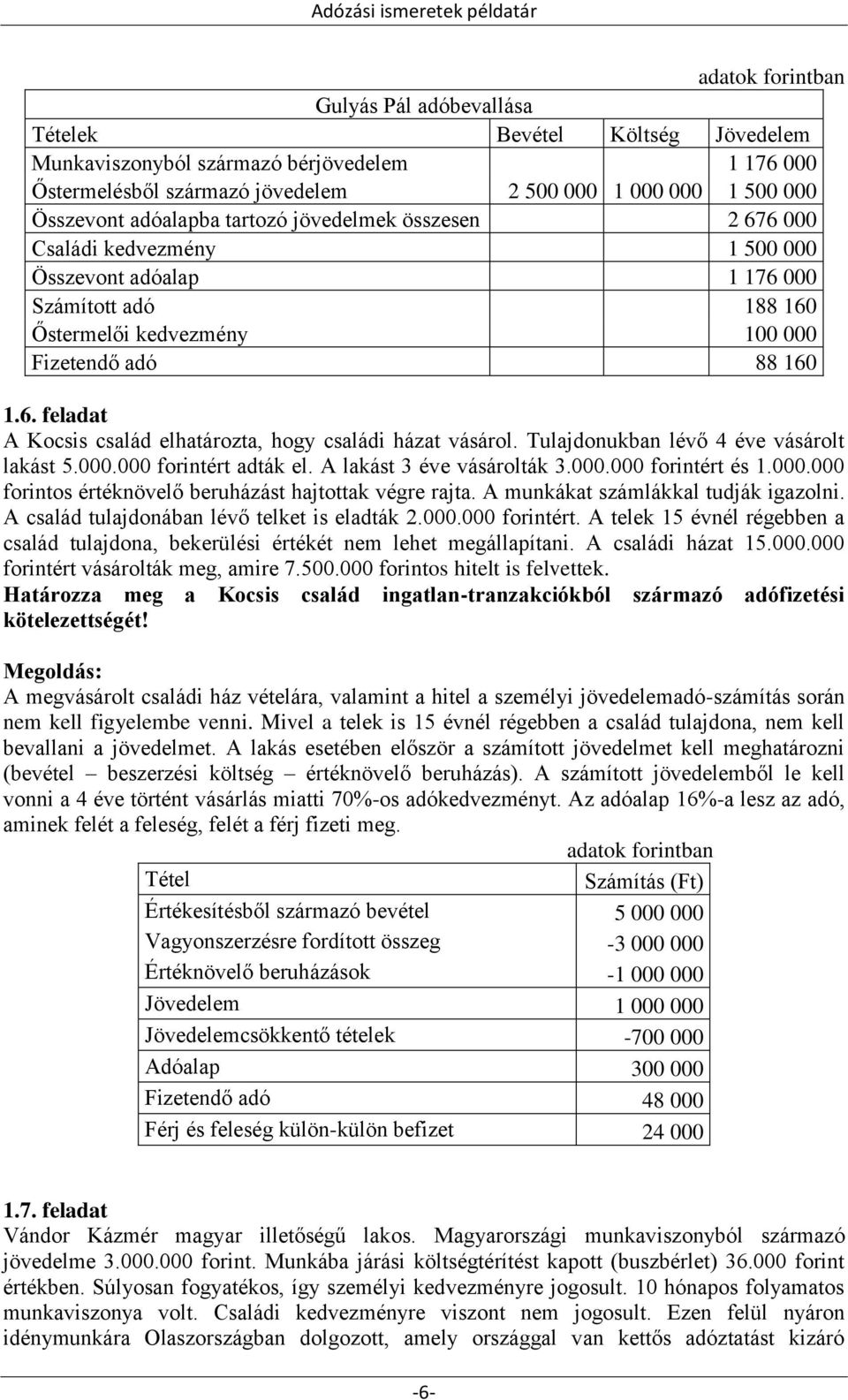 Tulajdonukban lévő 4 éve vásárolt lakást 5.000.000 forintért adták el. A lakást 3 éve vásárolták 3.000.000 forintért és 1.000.000 forintos értéknövelő beruházást hajtottak végre rajta.