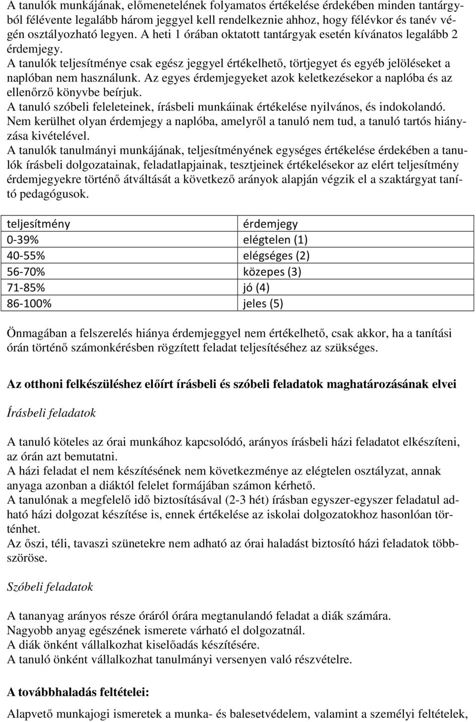 Az egyes érdemjegyeket azok keletkezésekor a naplóba és az ellenőrző könyvbe beírjuk. A tanuló szóbeli feleleteinek, írásbeli munkáinak értékelése nyilvános, és indokolandó.