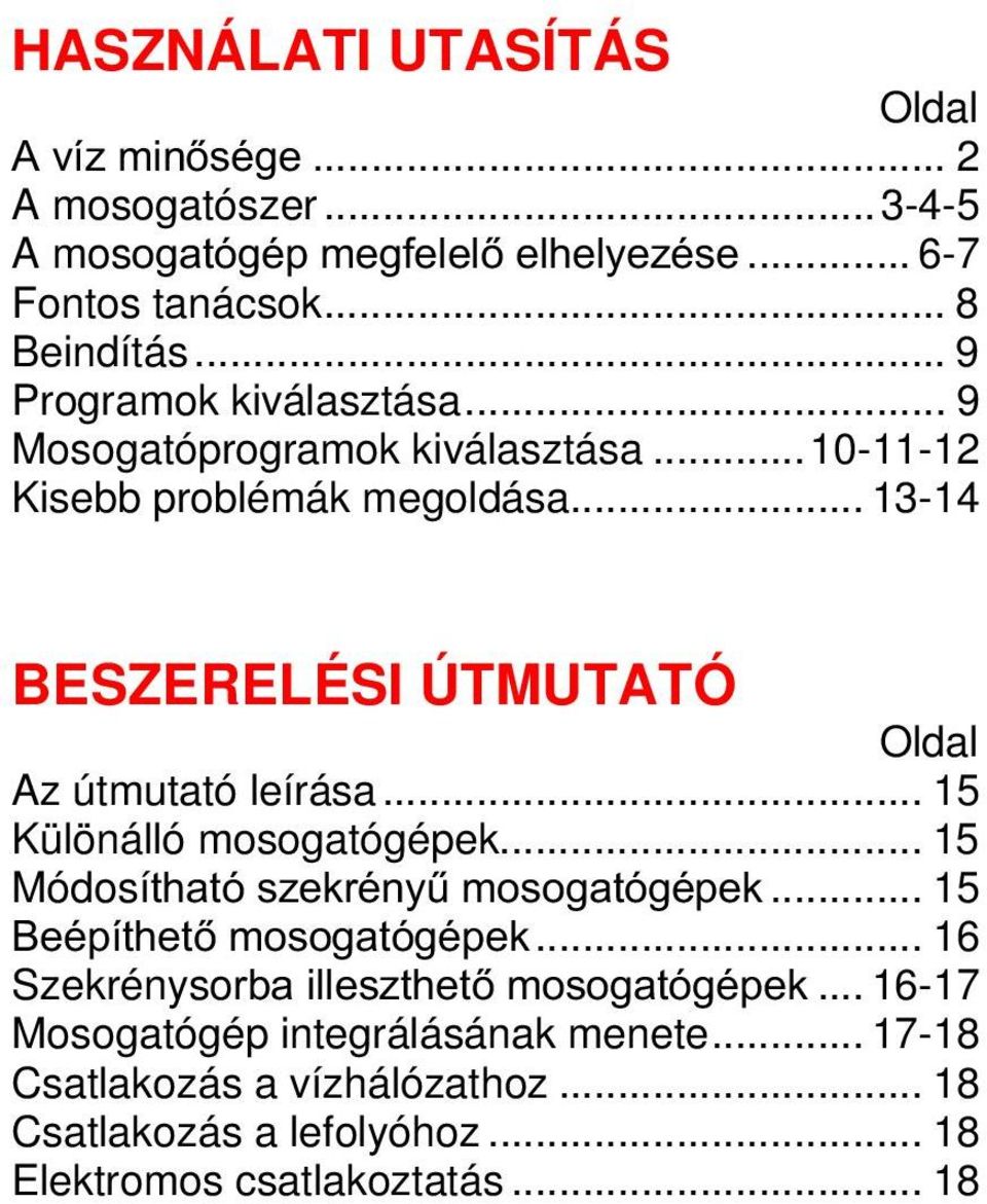 .. 13-14 BESZERELÉSI ÚTMUTATÓ Oldal Az útmutató leírása... 15 Különálló mosogatógépek... 15 Módosítható szekrényű mosogatógépek.