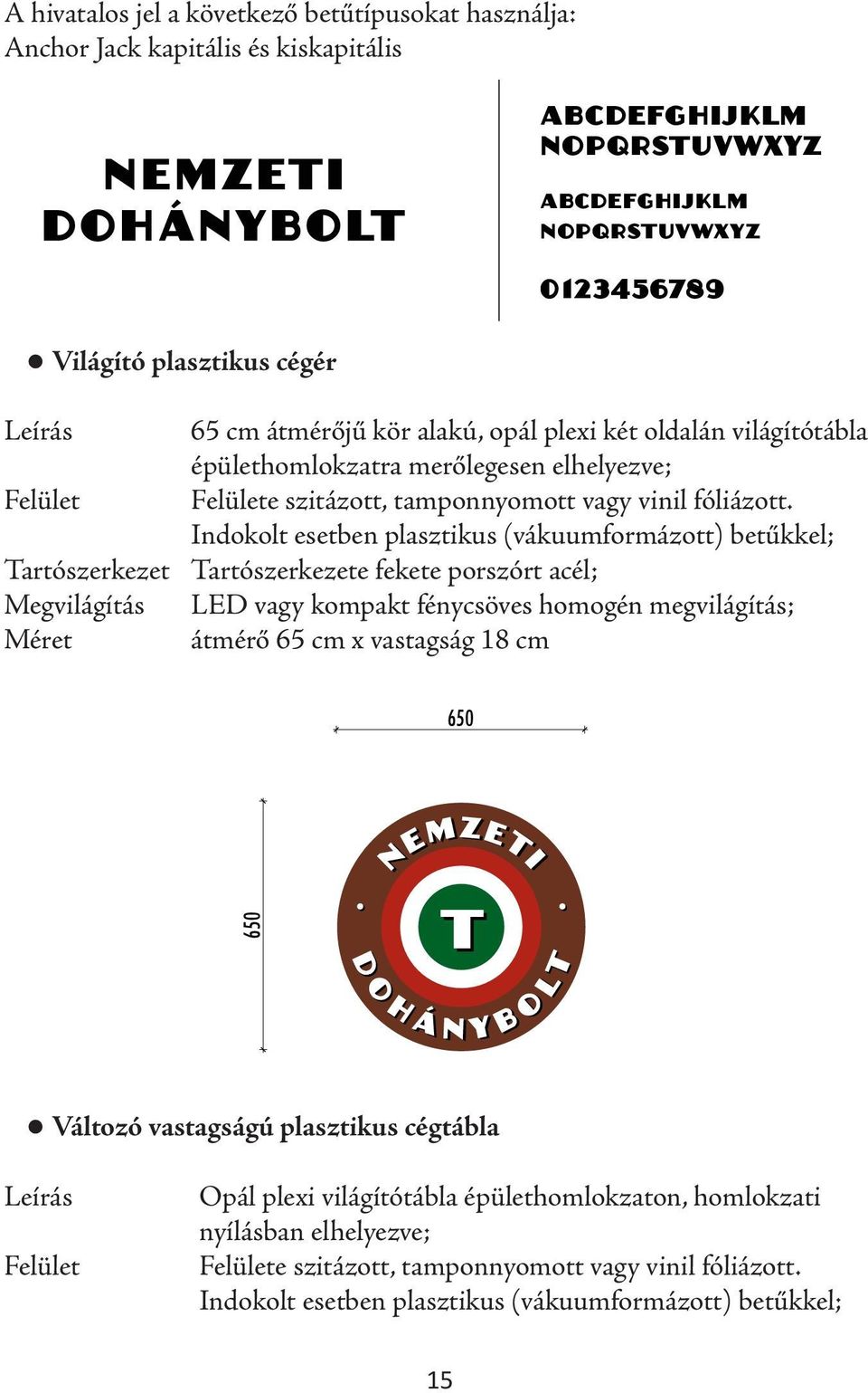 Indokolt esetben plasztikus (vákuumformázott) betűkkel; Tartószerkezet Tartószerkezete fekete porszórt acél; Megvilágítás LED vagy kompakt fénycsöves homogén megvilágítás; Méret átmérő 65 cm x