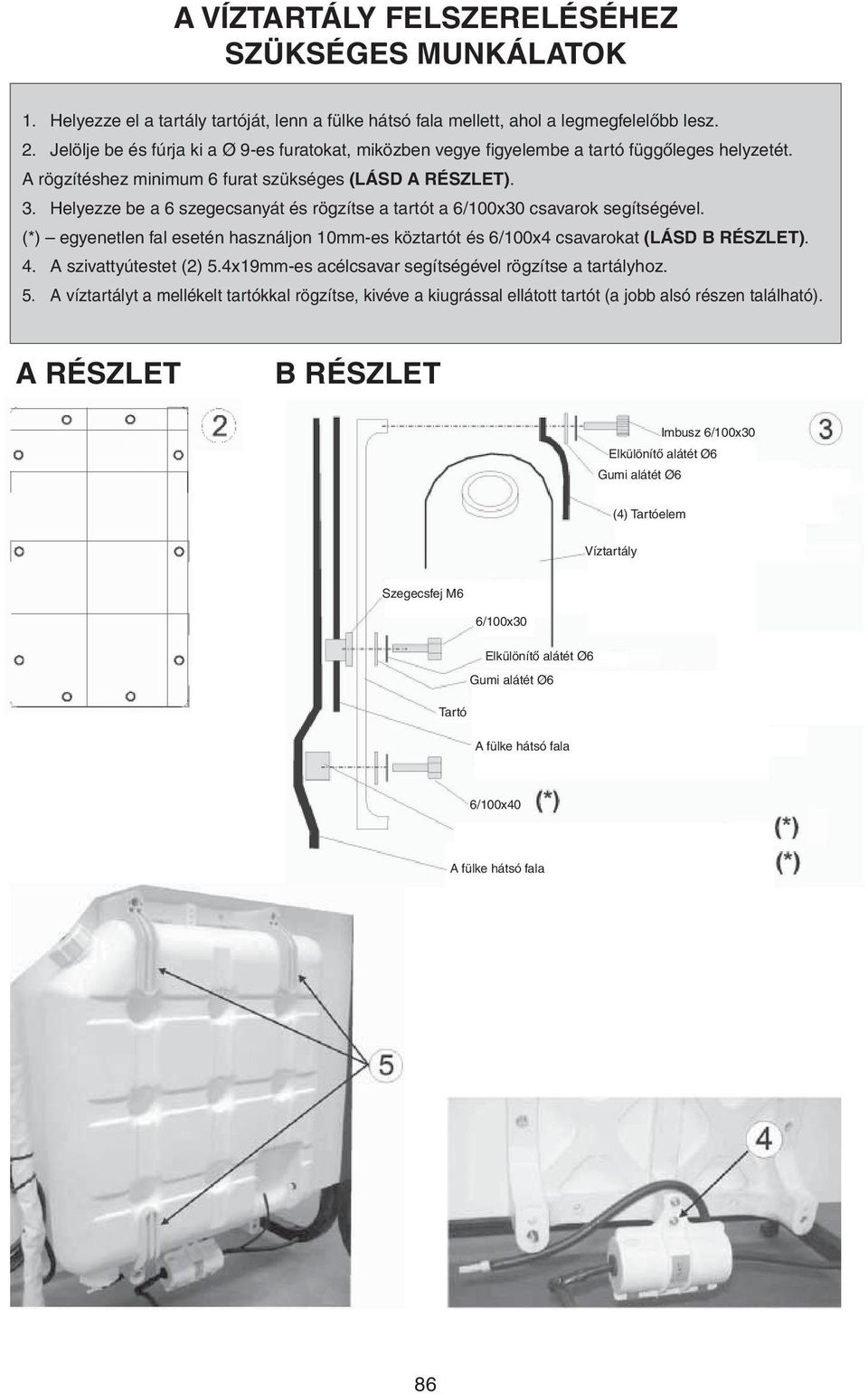 Helyezze be a 6 szegecsanyát és rögzítse a tartót a 6/100x30 csavarok segítségével. (*) egyenetlen fal esetén használjon 10mm-es köztartót és 6/100x4 csavarokat (LÁSD B RÉSZLET). 4.