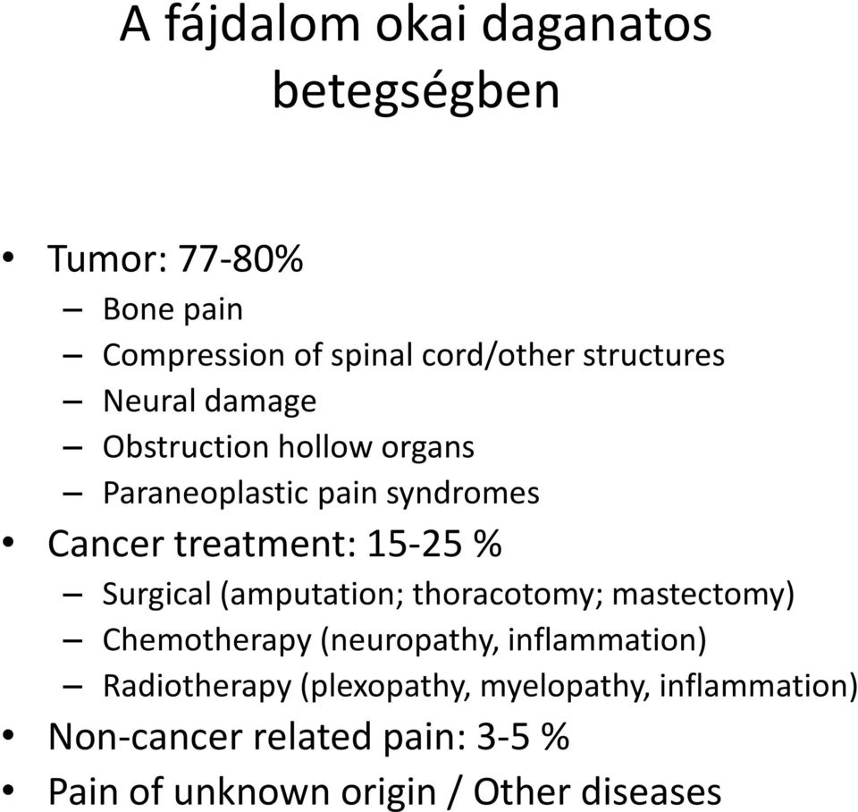 15-25 % Surgical (amputation; thoracotomy; mastectomy) Chemotherapy (neuropathy, inflammation)