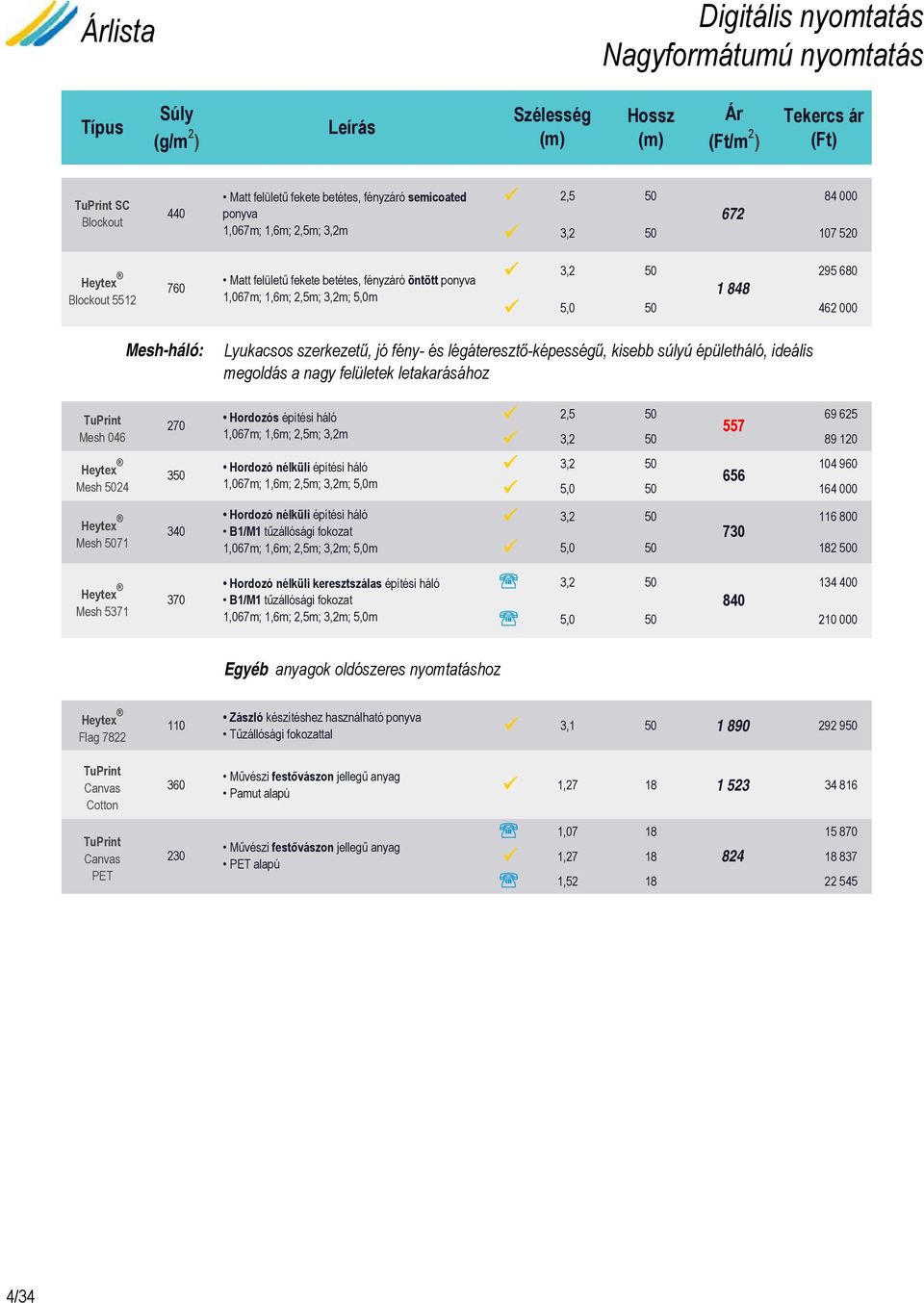 jó fény- és légáteresztő-képességű, kisebb súlyú épületháló, ideális megoldás a nagy felületek letakarásához TuPrint Mesh 046 Heytex Mesh 5024 270 350 Hordozós építési háló 1,067m; 1,6m; 2,5m; 3,2m