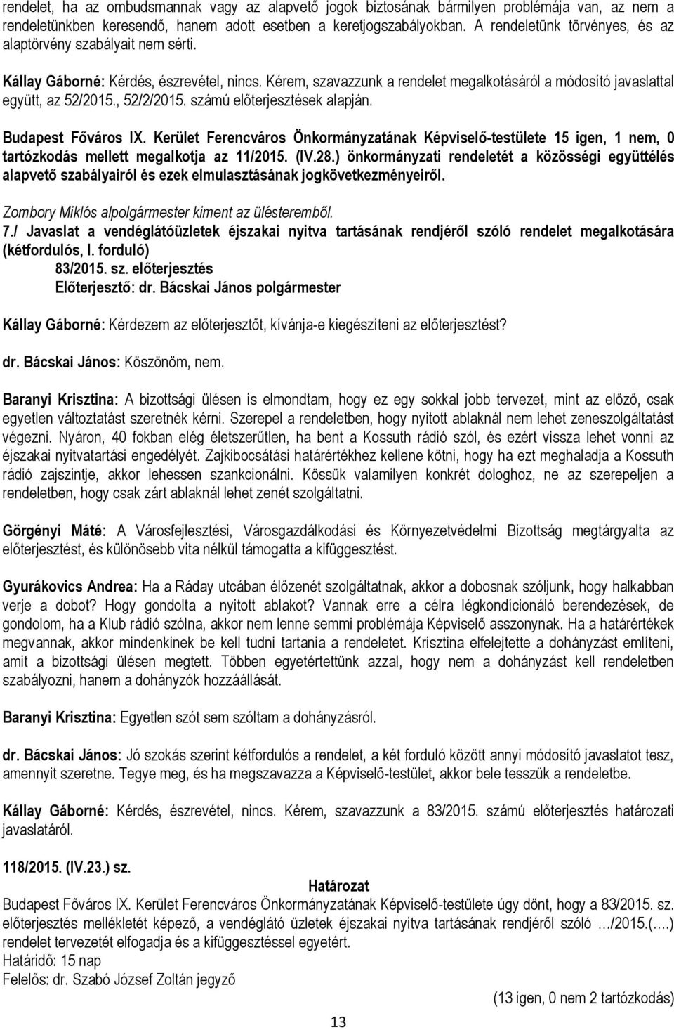 , 52/2/2015. számú előterjesztések alapján. Budapest Főváros IX. Kerület Ferencváros Önkormányzatának Képviselő-testülete 15 igen, 1 nem, 0 tartózkodás mellett megalkotja az 11/2015. (IV.28.