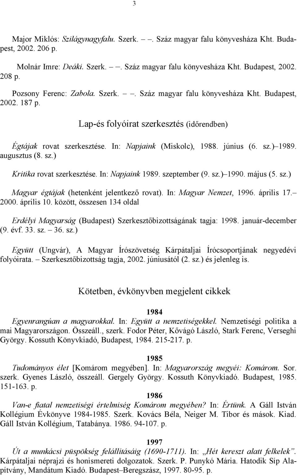 sz.) 1989. augusztus (8. sz.) Kritika rovat szerkesztése. In: Napjaink 1989. szeptember (9. sz.) 1990. május (5. sz.) Magyar égtájak (hetenként jelentkező rovat). In: Magyar Nemzet, 1996. április 17.